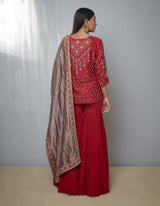 Red Short Embroidered Kurta Sharara Set