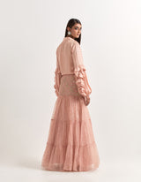 Pink Shirt With Tiered Skirt In Silkand Organza