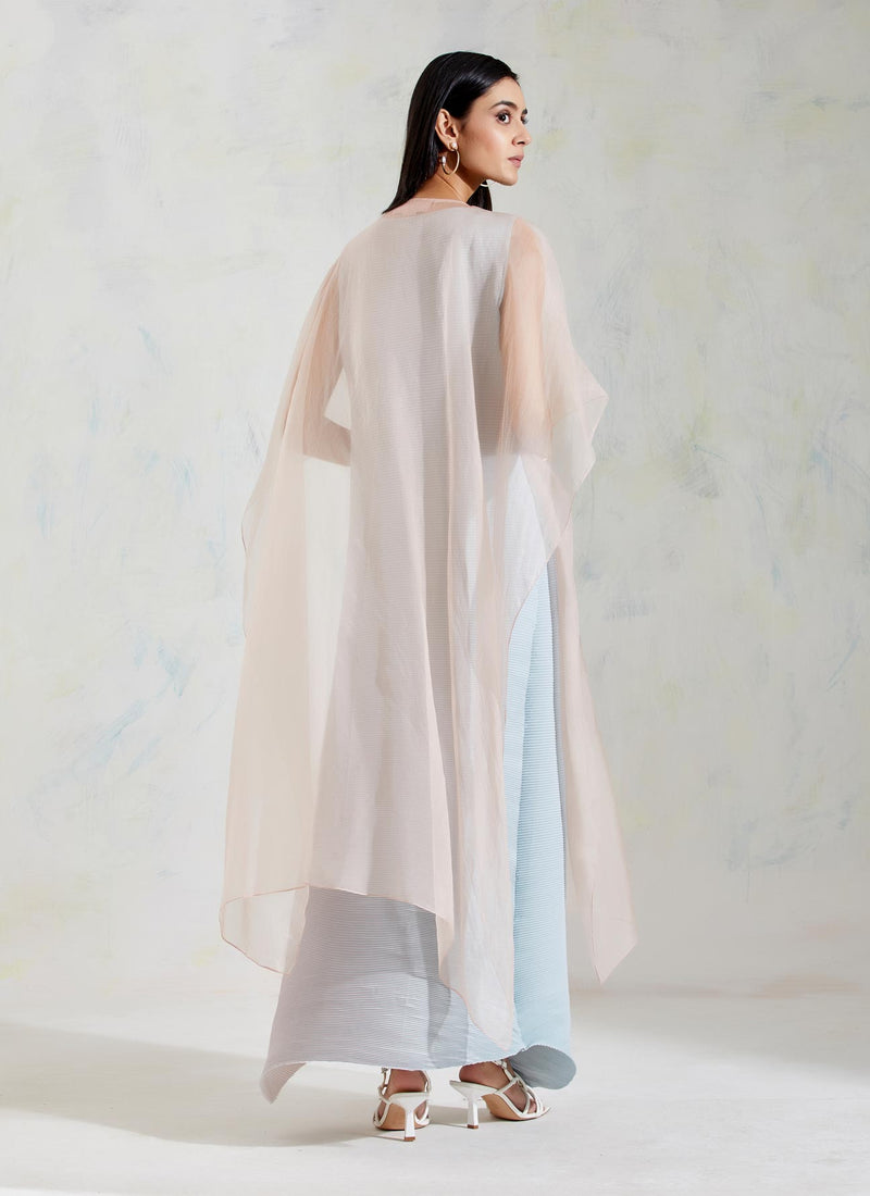 Pink and Aquatic Sage Shaded Organza and Crinkle Crepe Cape and Dress