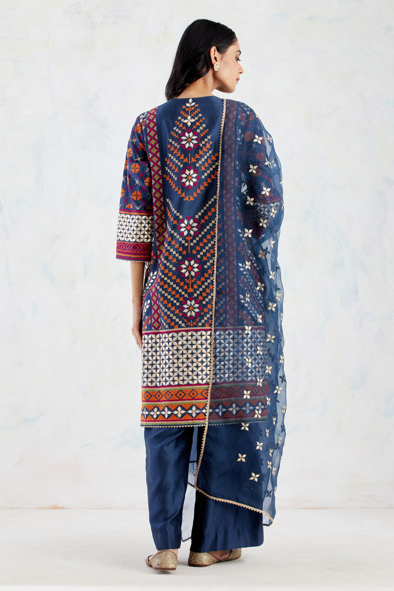 Dark Blue Chanderi Silk Kurta In Gota Patti Cross Stitch Embroidery Paired With Organza Silk Dupatta And Chanderi Palazzo