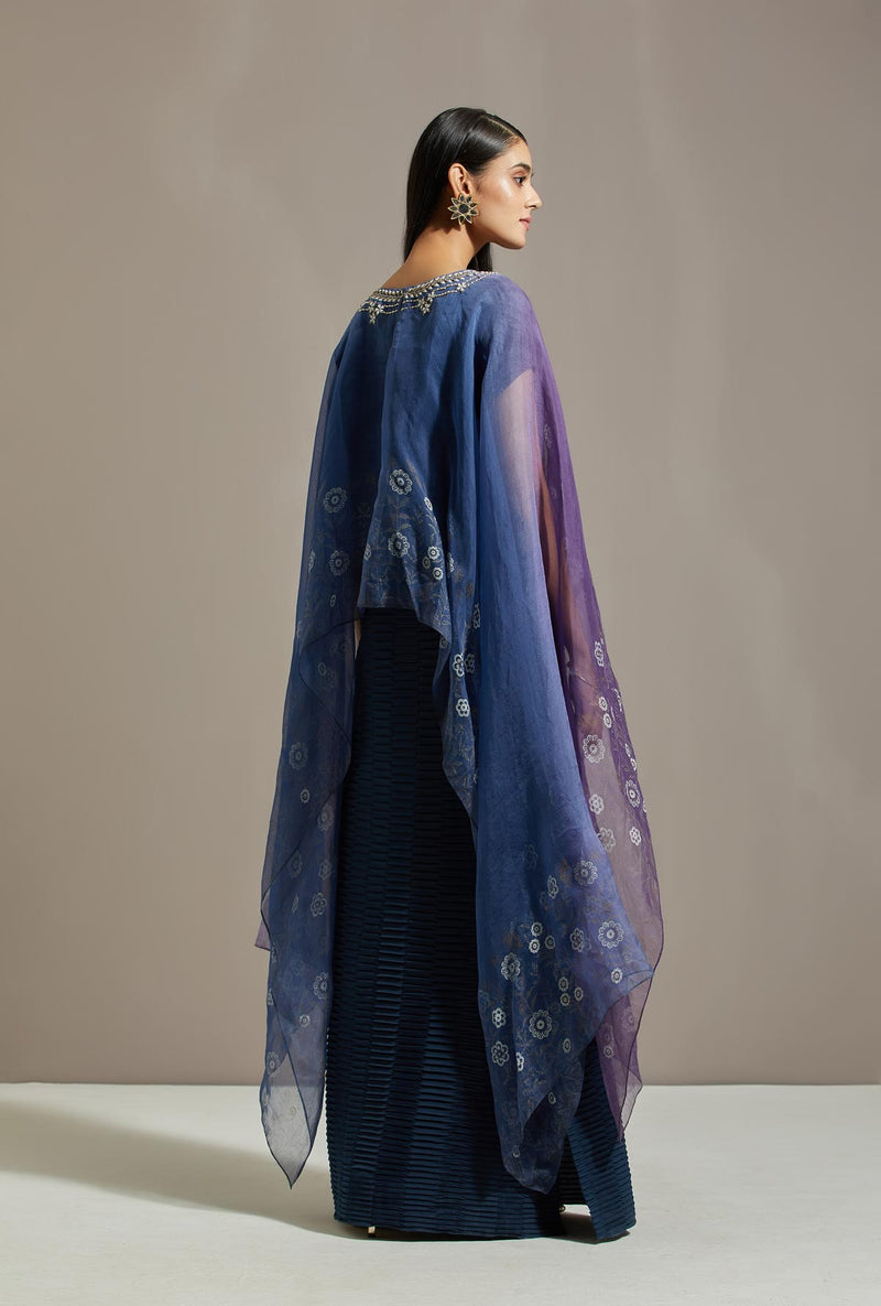 Blue Organza Printed Cape With Dress