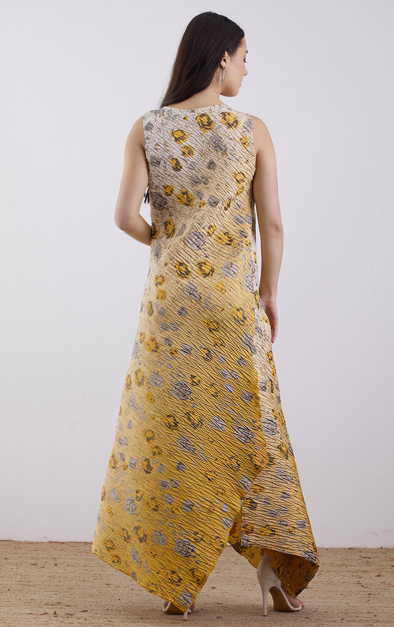 Yellow Crinkle With Thread Embroidred Dress
