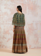 Bottle Green Organza  Cape With Skirt