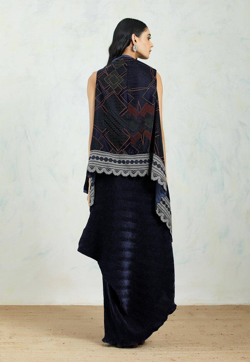 Velvet Jacket Cape In Zari Embroidery And Hand Block Printed Paired With Velvet Paired Dress