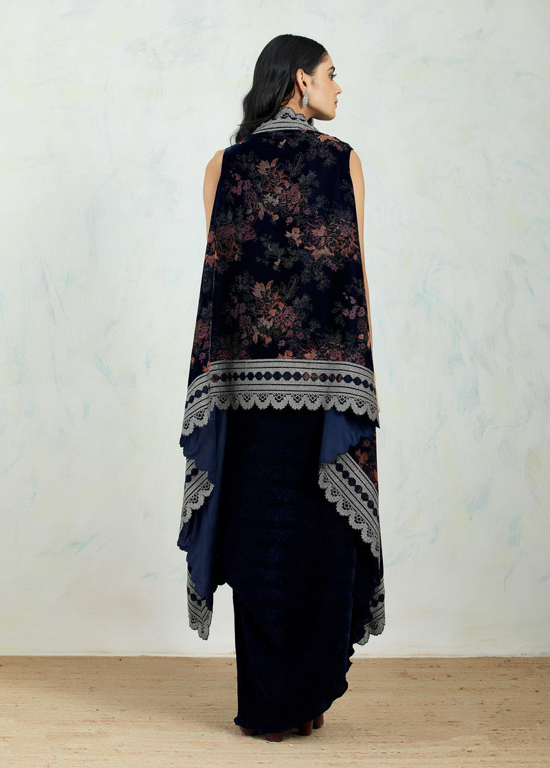 Navy Cape In Hand Block Print And Zari Embroidered Border Paired With Drape Dress