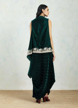 Velvet Crinkle Dress Paired With Velvet Cape In Cross Stitch Embroidered Border