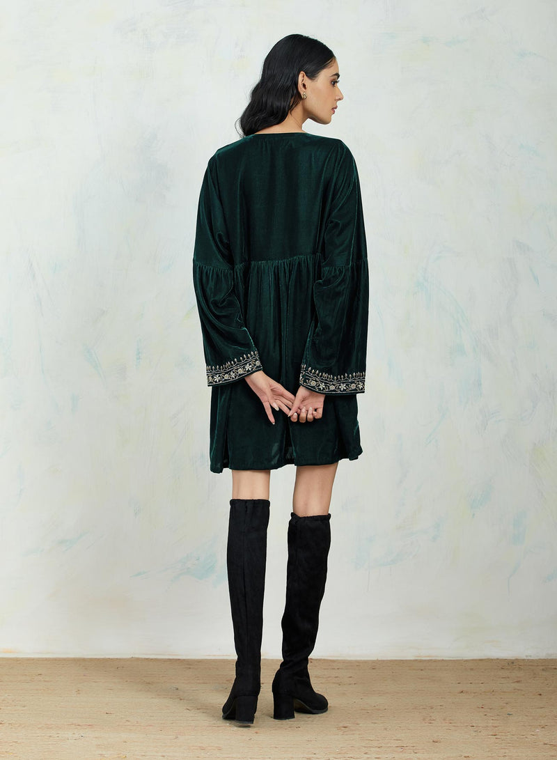 Emerald Boho Tunic In Velvet With Intricate Hand Embroidery
