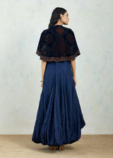 Hand Block Printed And Embellished Navy Front Open Circular Cape