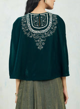 Emerald Green Velvet Intricately Embroidered Cape Paired With Gold Green Textured Mesh Skirt