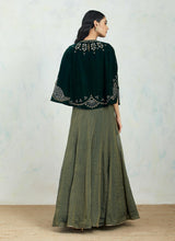 Emerald Green Velvet Cape Paired With Gold Green Textured Mesh Skirt
