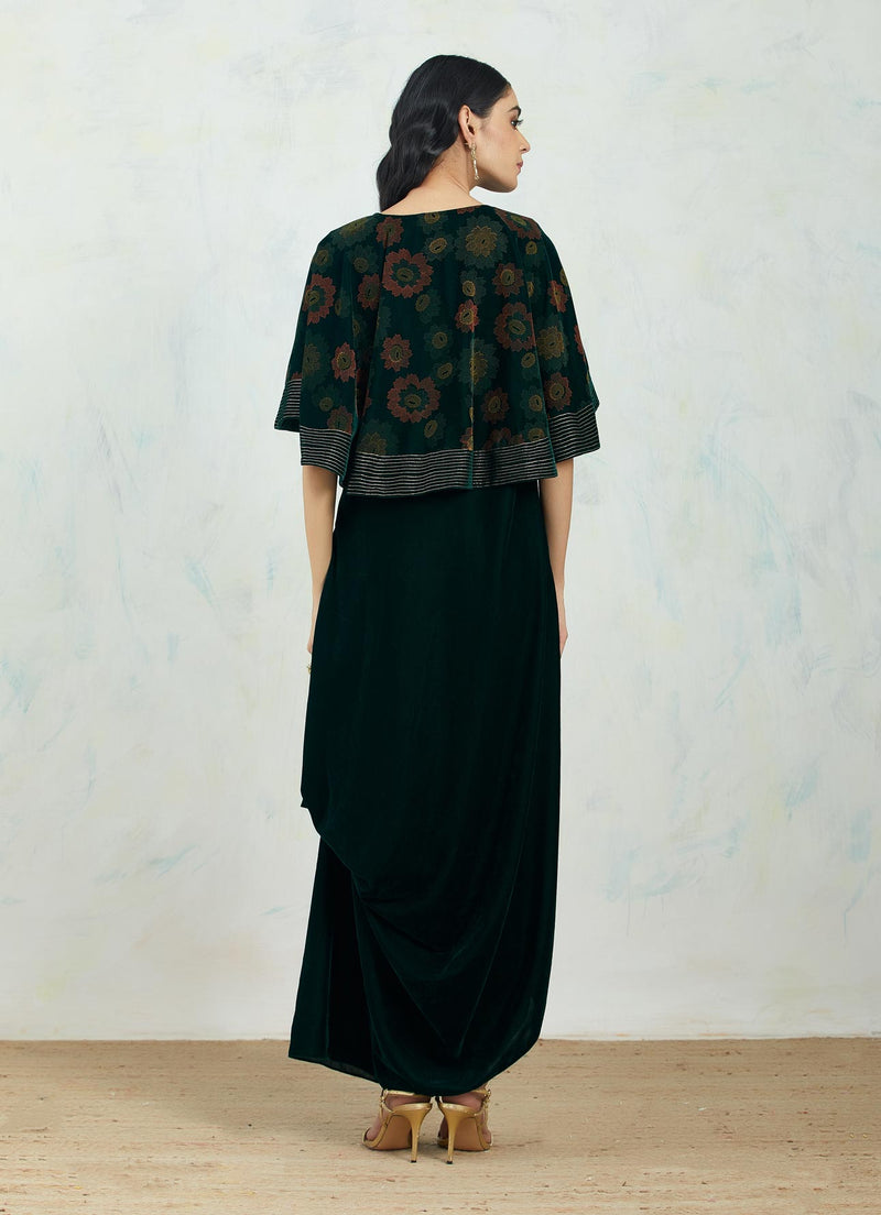 Velvet Emerald Green Cape In Beautiful Hand Block Print