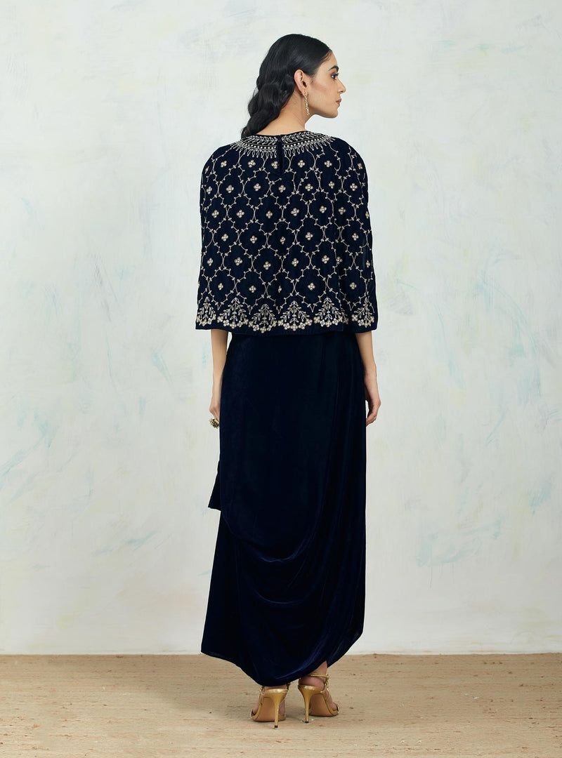 Velvet Navy Cape And Dress In Intricate Hand Embroidery