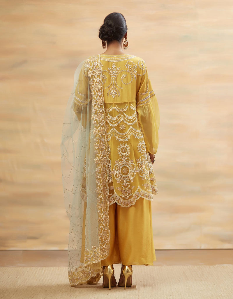 Yellow Embroidered Short Flared Kurta Set
