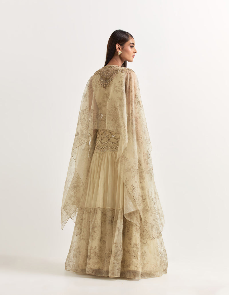 Beige Cape With Tiered Skirt In Organza