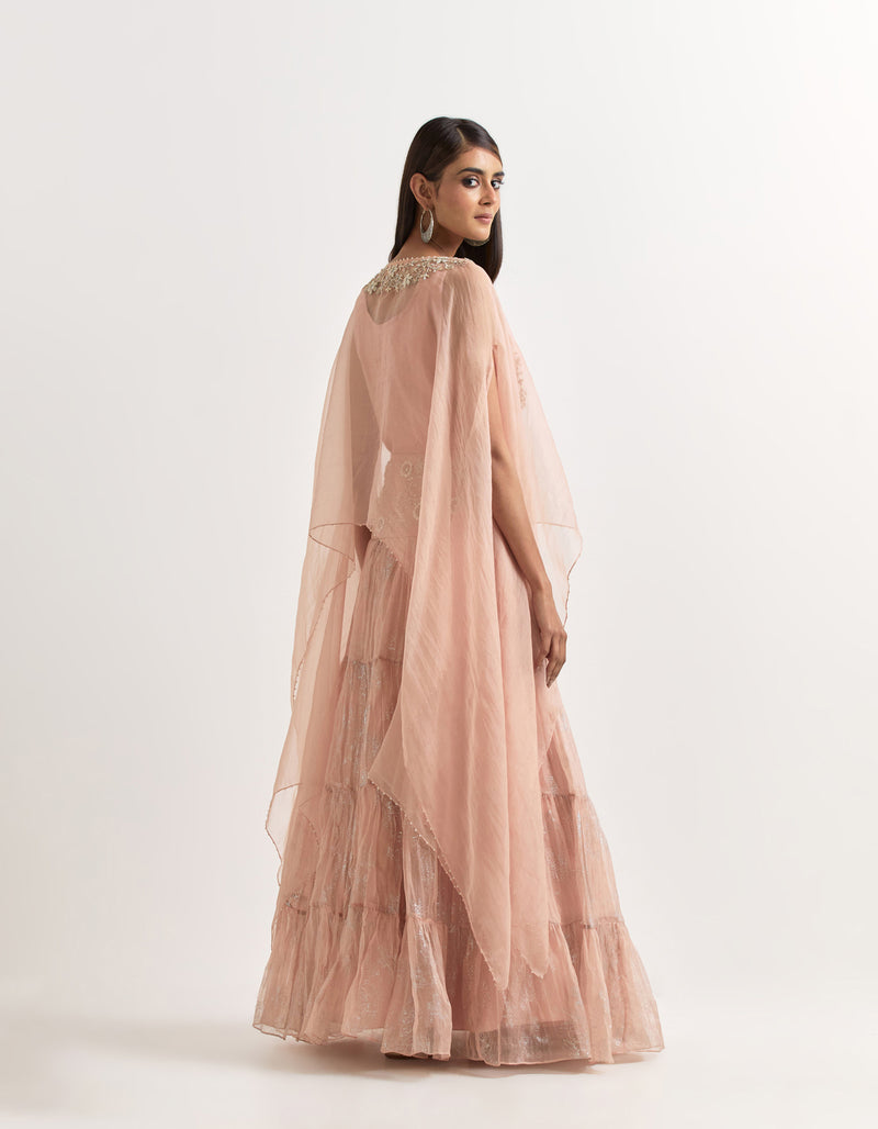 Pink Cape With Tiered Skirt In Organza