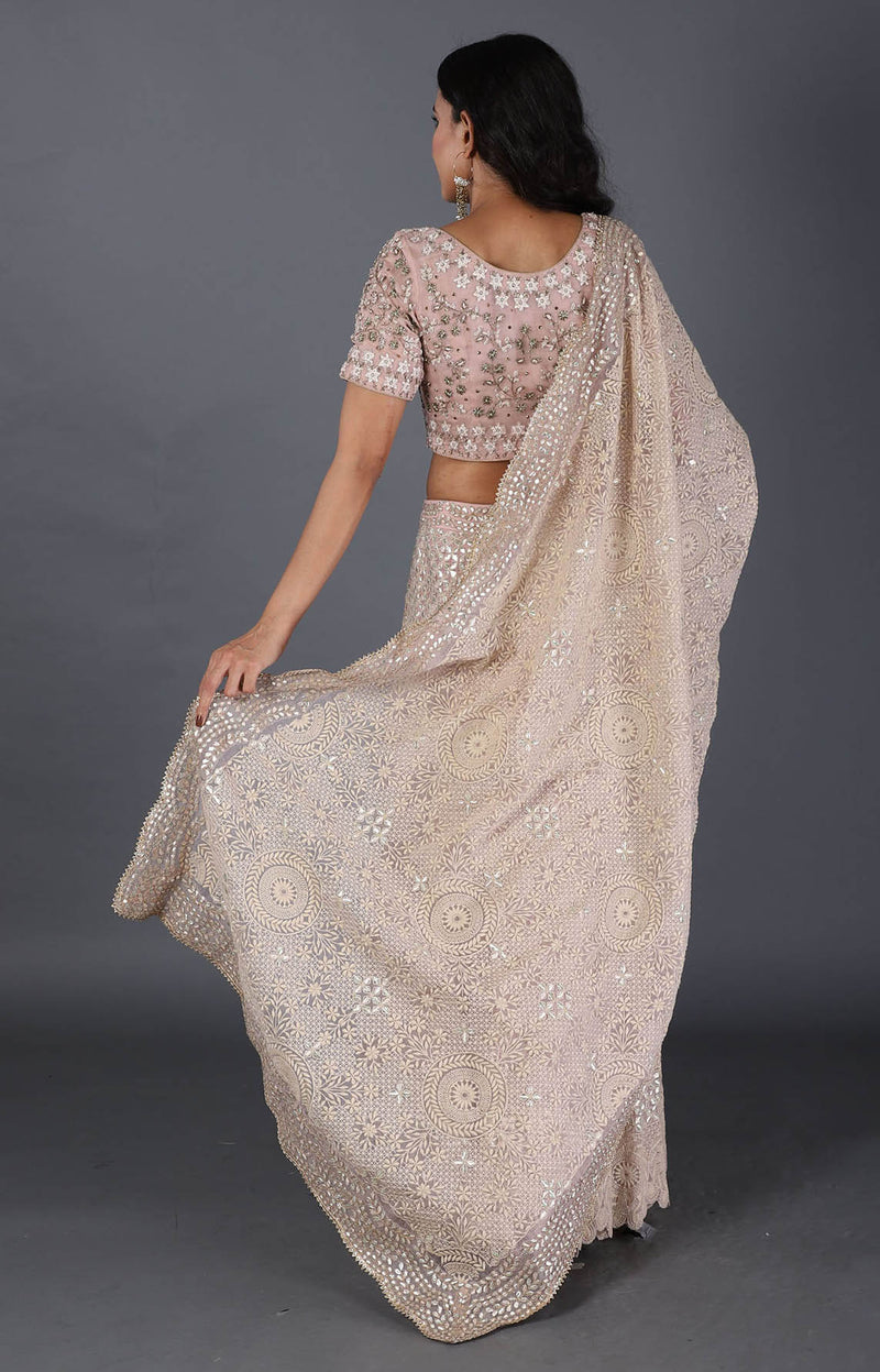 Beige Cross Stitch Embroidered And Gota Work Lehenga Set