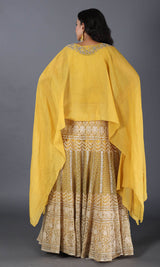 Yellow Hand Embroidered Dupatta Cape With Lehenga Skirt