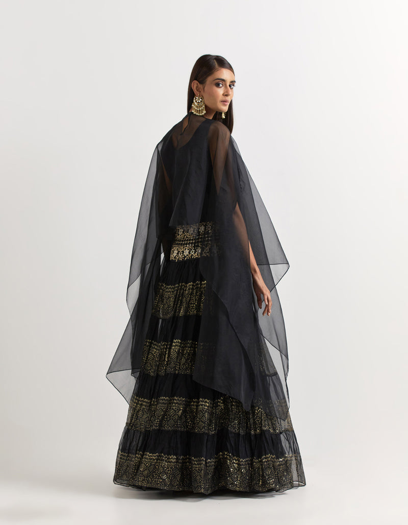 Black Cape With Tiered Skirt In Organza