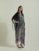 Georgette Printed Kaftan Dress Embellished With Lace Embroidery