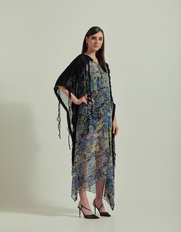 Georgette Printed Kaftan Dress Embellished With Lace Embroidery