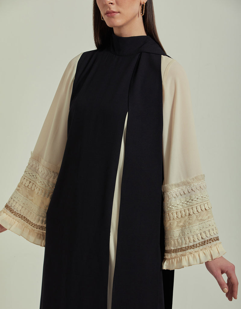 Black and Ivory Long Dress With Exqusite Lace Embroidery
