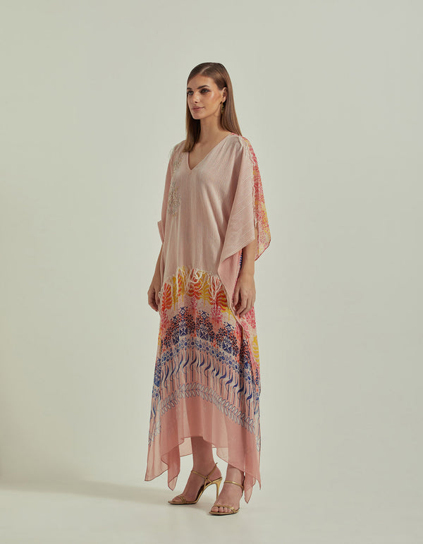 Amber Peach Half Texture And Printed Long Kaftan Dress