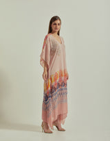 Amber Peach Half Texture And Printed Long Kaftan Dress