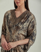 Silk Kaftan In Foil Print Embellish With Intricate Zardozi Embroidery