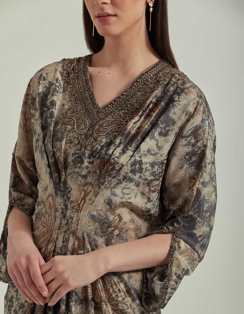 Silk Kaftan In Foil Print Embellish With Intricate Zardozi Embroidery
