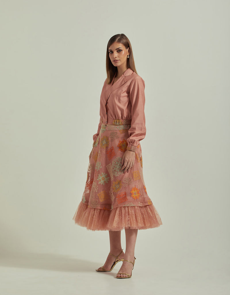 Amber Peach Bomber Jacket Paired With Mid Calf Length Skirt