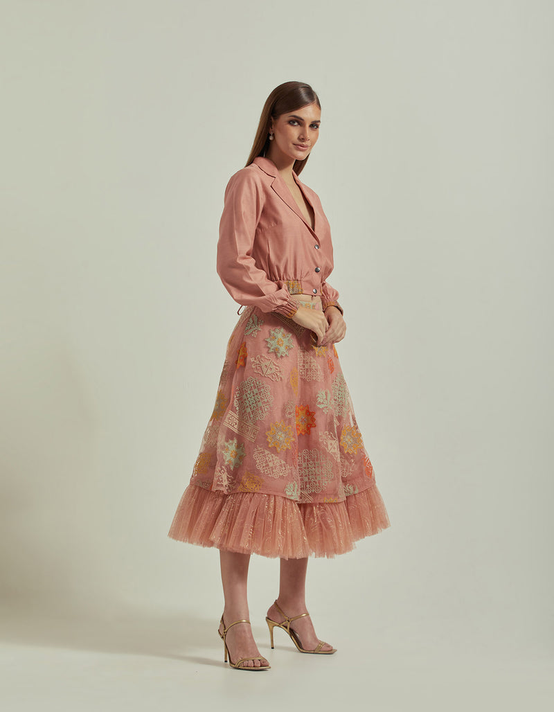 Amber Peach Bomber Jacket Paired With Mid Calf Length Skirt