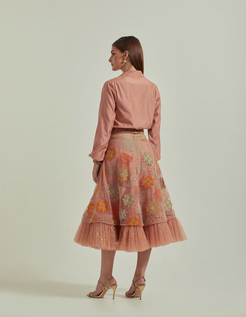 Amber Peach Bomber Jacket Paired With Mid Calf Length Skirt