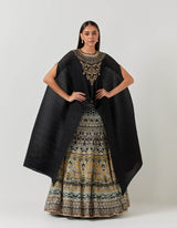 Black Mural Cape and Multicolor Skirt Set