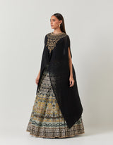 Black Mural Cape and Multicolor Skirt Set