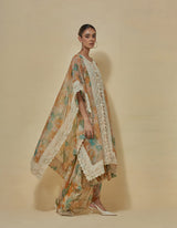 Chiffon Printed Dress Paired With Organza Cape