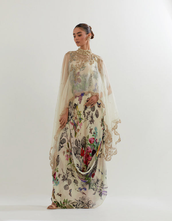 Multi Botanical Printed Cowl Dress with a Cape