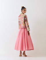 Salmon Pink And Multi Colour Cape Blustier And Skirt