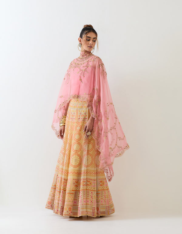 Salmon Pink With Yellow Cape & Skirt in Organza
