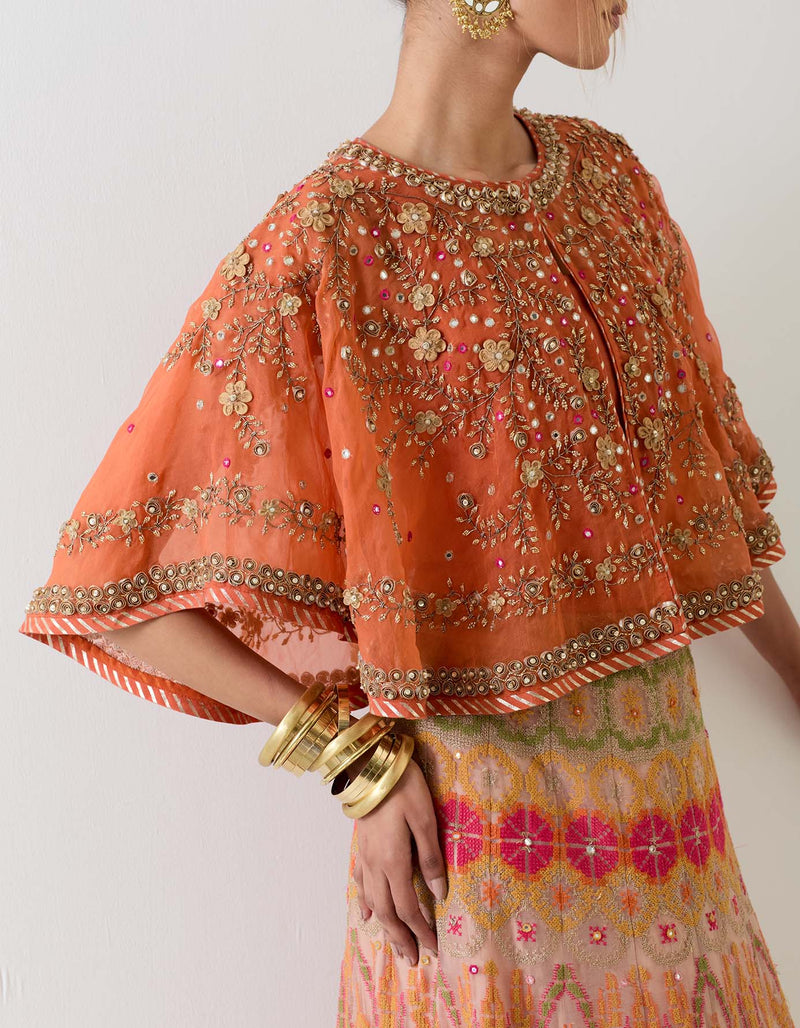 Orange With Salmon Pink Cape With Skirt