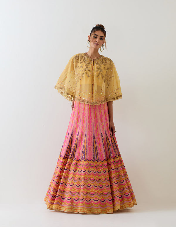 Yellow With Salmon Pink Cape With Skirt
