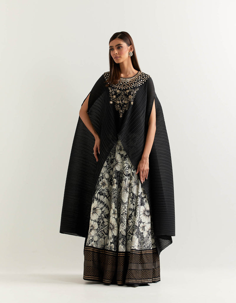 Black Cape With a Black and White Skirt Set in Crinkled Crepe