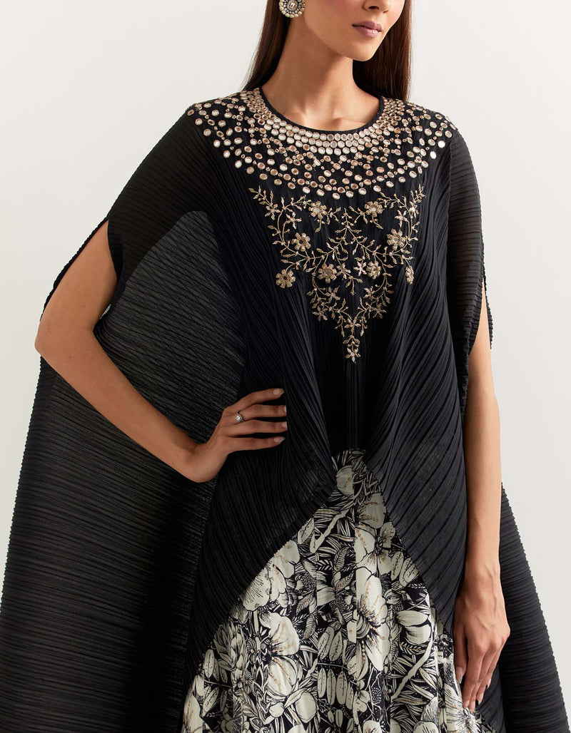 Black Cape With a Black and White Skirt Set in Crinkled Crepe
