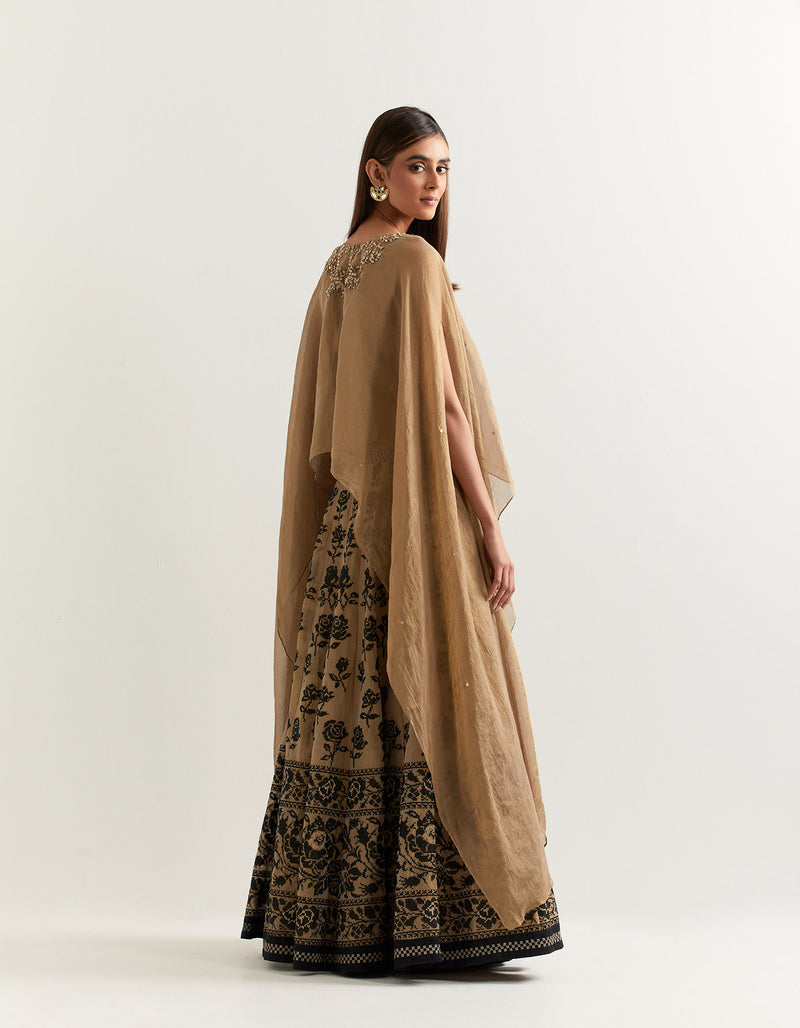 Black with Taupe Cape With Skirt In Tissue Chanderi