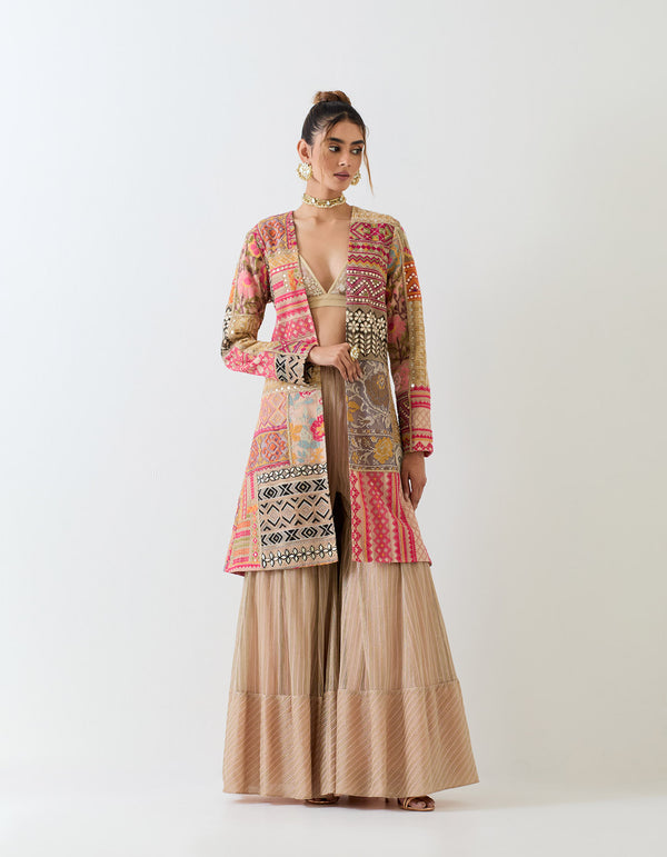 Beige With Multi Colour Cape With Sharara