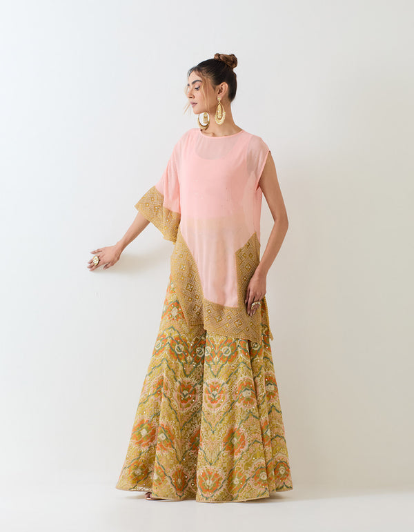 Salmon Pink With Yellow Cape With Sharara