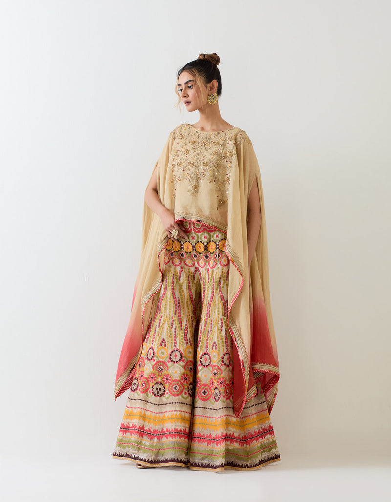 Gold With Multi Colour Cape With Sharara