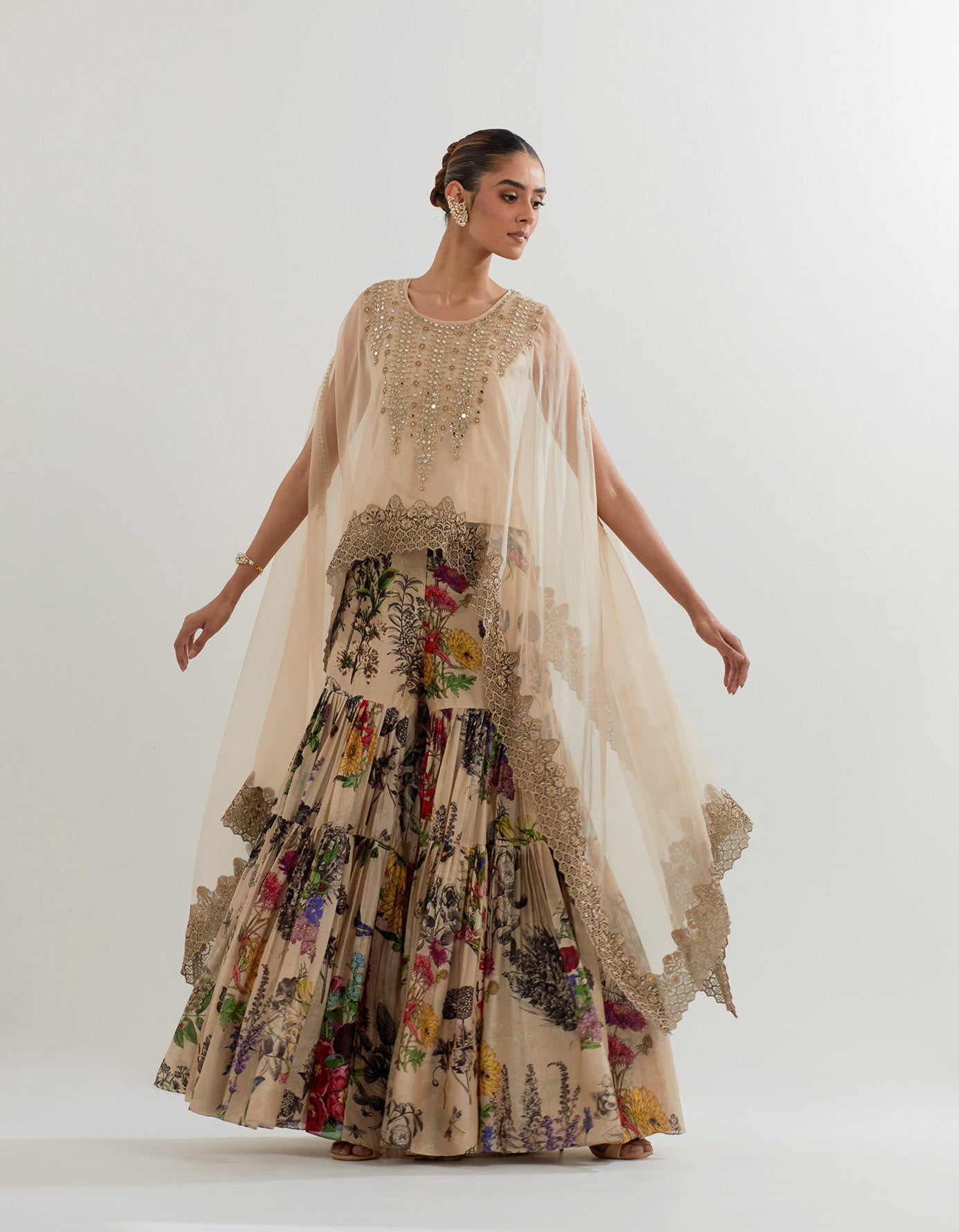 Multi Coloured Botanical Printed Sharara With Dupatta Cape – KavitaBhartia