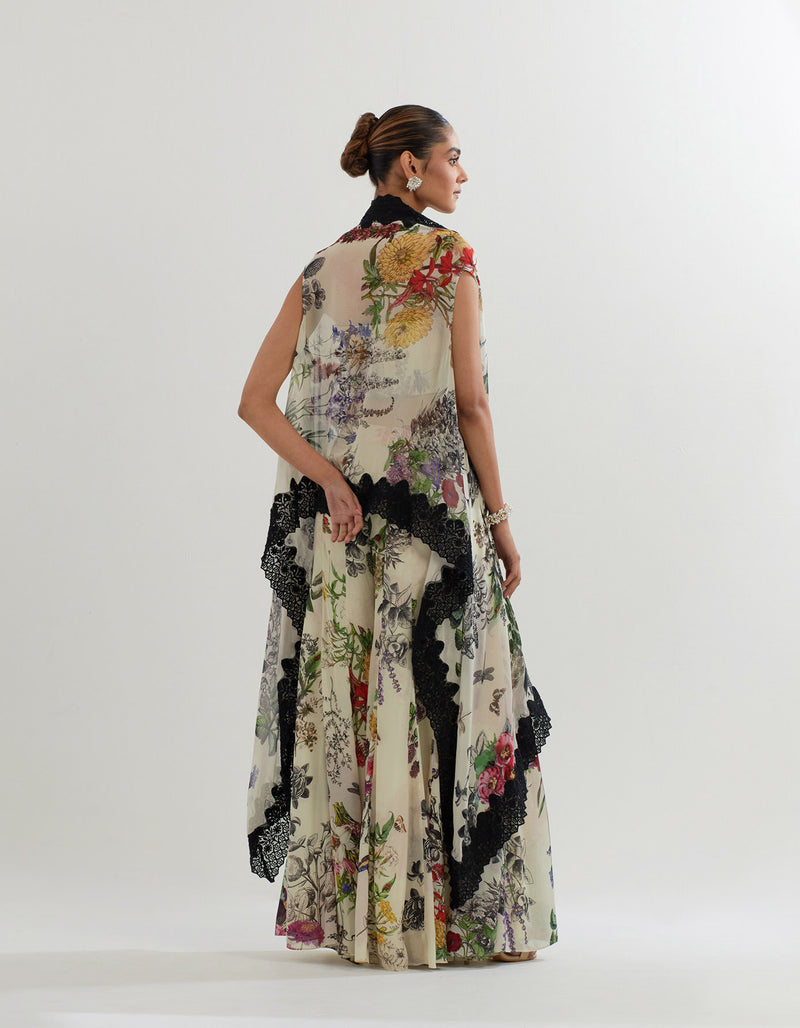 Multi Coloured Botanical Cape With Bustier And Sharara