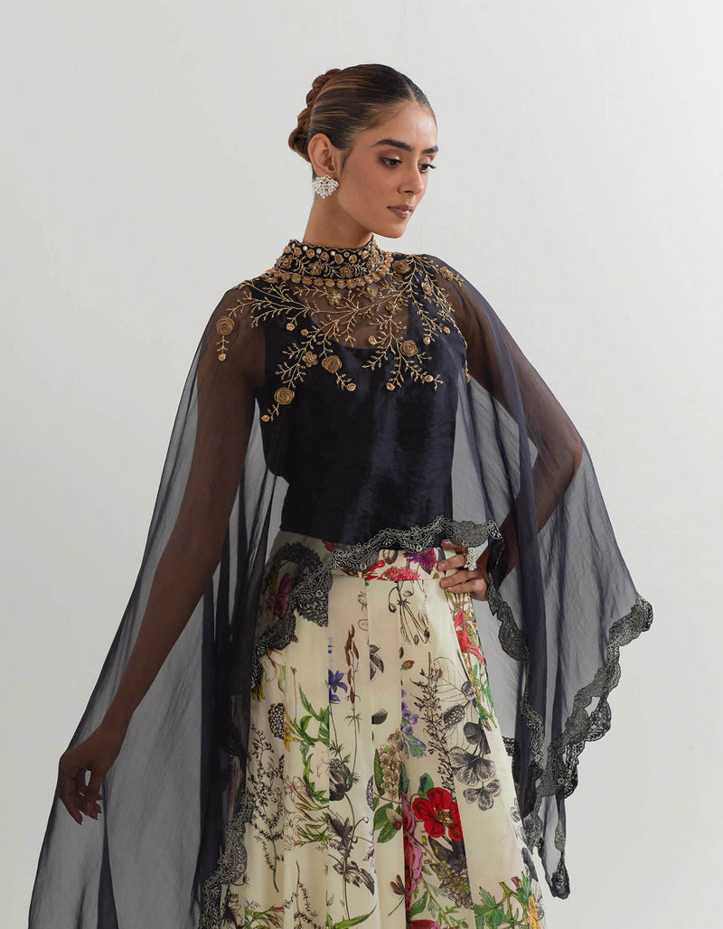 Multi Coloured Botanical Cape With Inner And Sharara