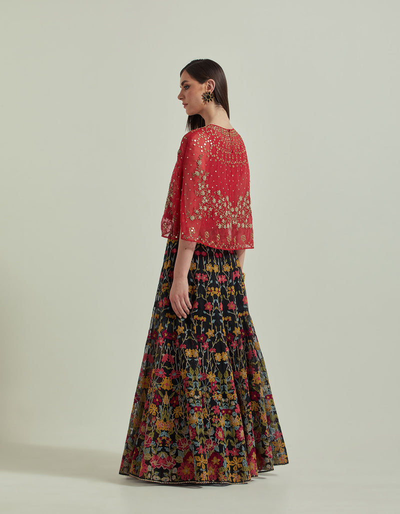 Crimson Red Organza Cape Paired With A Floral Skirt
